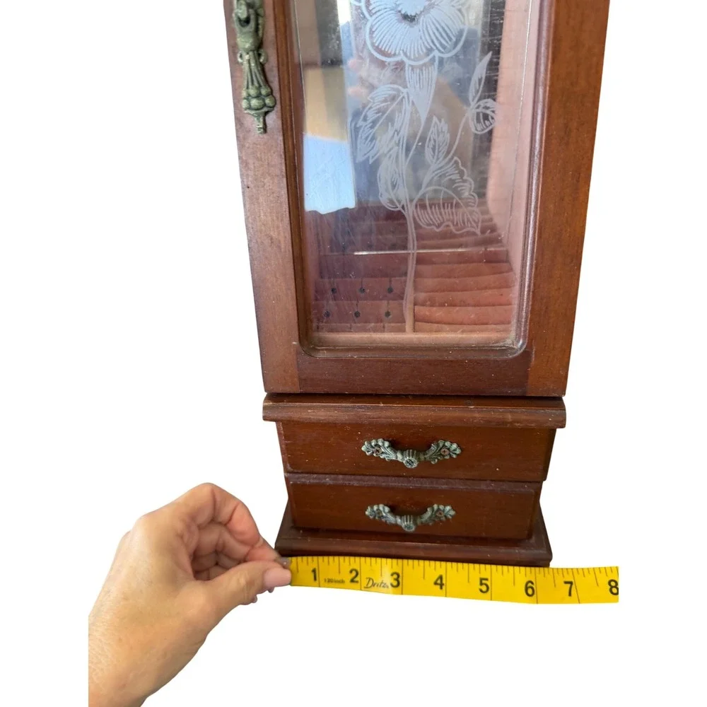 Vintage Wood Jewelry Armoire Etched Glass Floral Door Pink Lining 2 Drawers